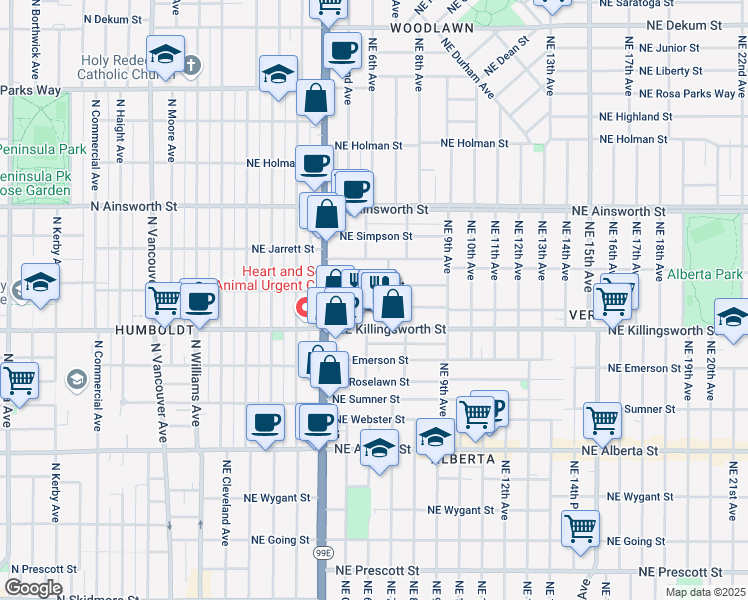 map of restaurants, bars, coffee shops, grocery stores, and more near 602 Northeast Jessup Street in Portland