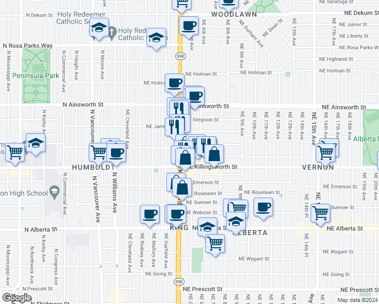 map of restaurants, bars, coffee shops, grocery stores, and more near 5630 Northeast Martin Luther King Junior Boulevard in Portland