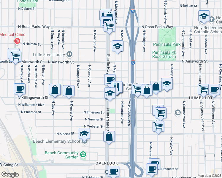 map of restaurants, bars, coffee shops, grocery stores, and more near 5630 North Interstate Avenue in Portland