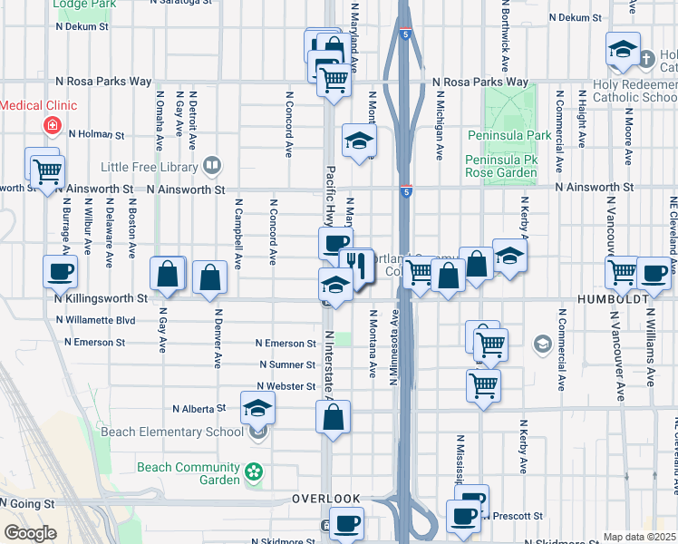 map of restaurants, bars, coffee shops, grocery stores, and more near 5620 North Interstate Avenue in Portland