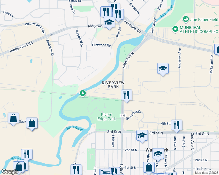 map of restaurants, bars, coffee shops, grocery stores, and more near 3 Rivercrest Drive in St. Cloud