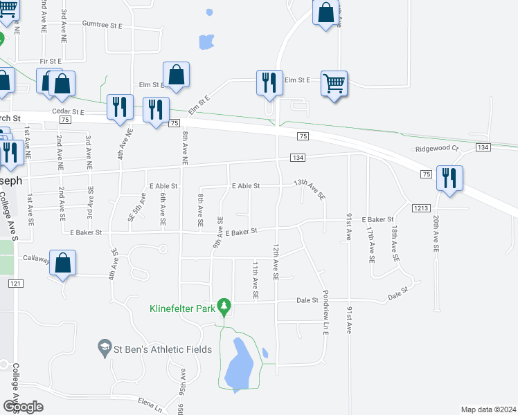 map of restaurants, bars, coffee shops, grocery stores, and more near 116 10th Avenue Southeast in Saint Joseph
