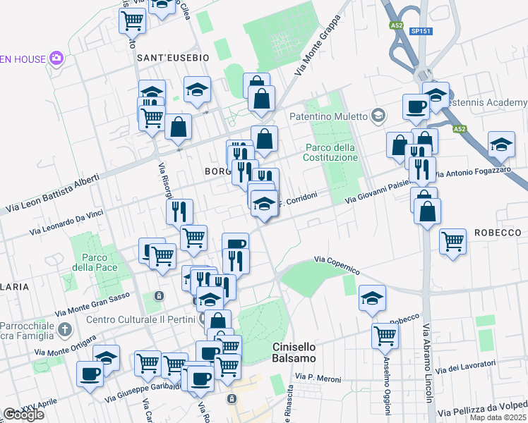 map of restaurants, bars, coffee shops, grocery stores, and more near Via Francesco Cilea in Cinisello Balsamo
