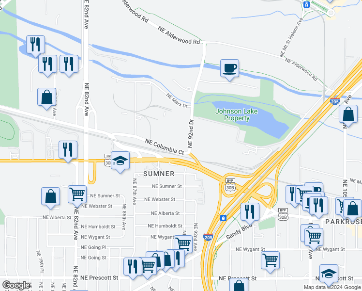 map of restaurants, bars, coffee shops, grocery stores, and more near 9111 Northeast Columbia Boulevard in Portland
