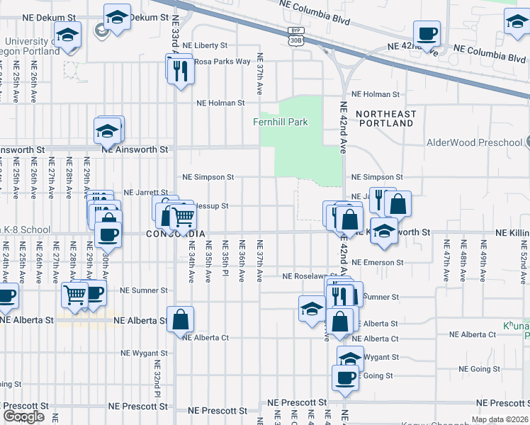 map of restaurants, bars, coffee shops, grocery stores, and more near 5618 NE 37th Ave in Portland