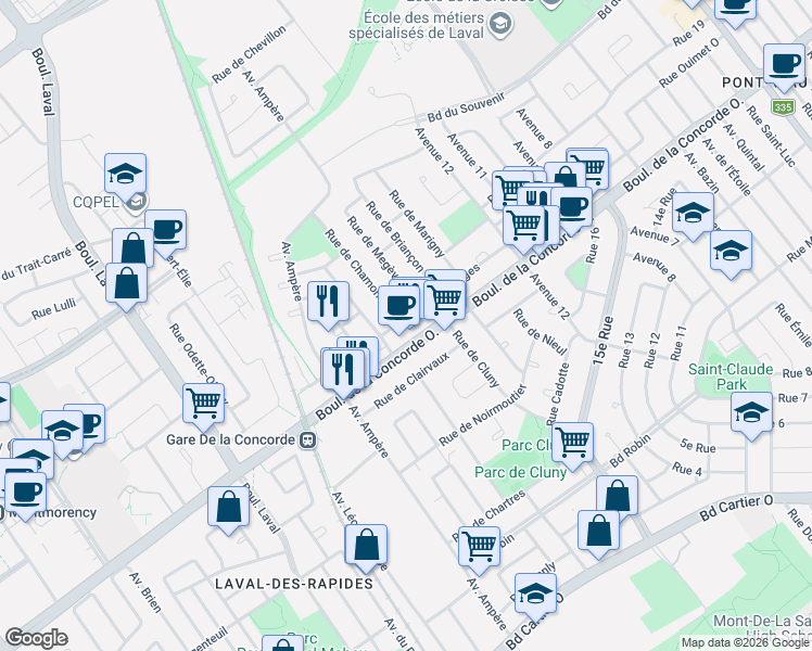 map of restaurants, bars, coffee shops, grocery stores, and more near 470 Rue de Bourges in Laval