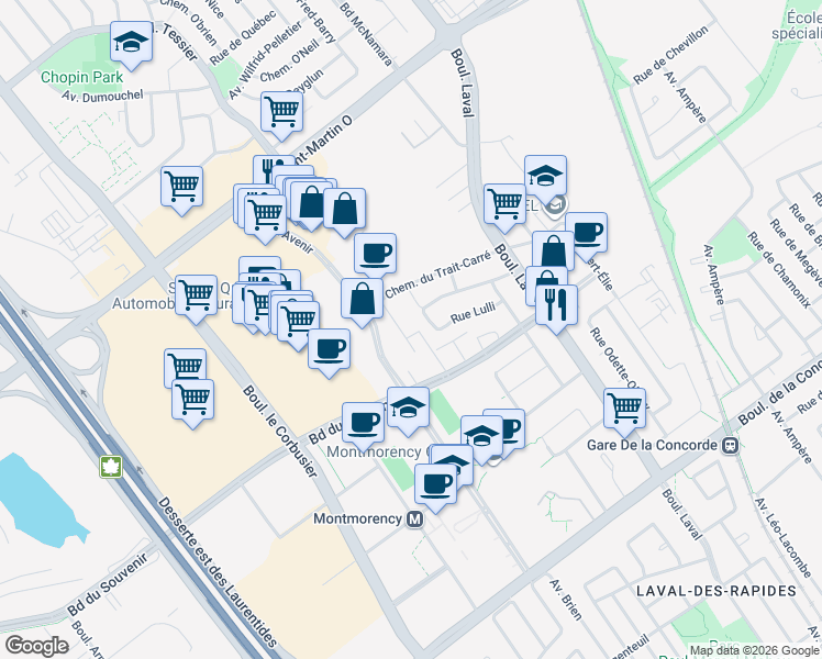map of restaurants, bars, coffee shops, grocery stores, and more near 1635 Boulevard du Souvenir in Laval