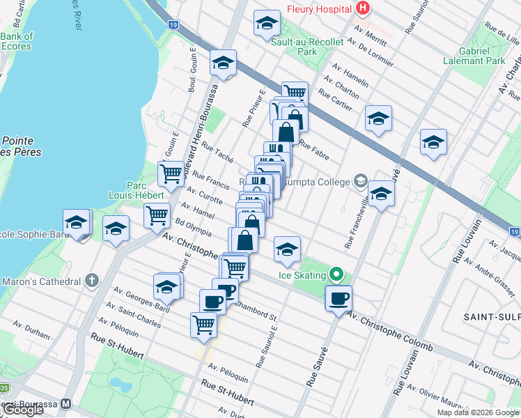 map of restaurants, bars, coffee shops, grocery stores, and more near in Montreal