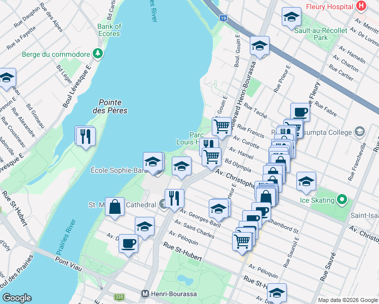 map of restaurants, bars, coffee shops, grocery stores, and more near 1420 Boulevard Gouin Est in Montréal