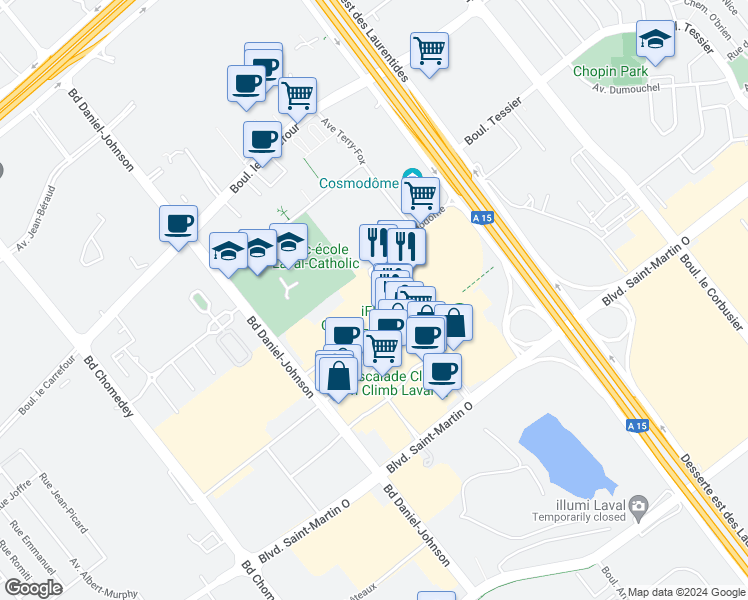 map of restaurants, bars, coffee shops, grocery stores, and more near 2990 Avenue Pierre-Péladeau in Laval