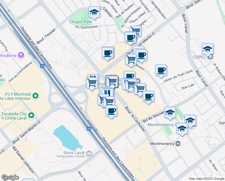 map of restaurants, bars, coffee shops, grocery stores, and more near 1600 Boulevard le Corbusier in Laval