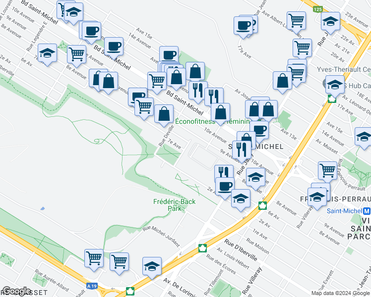 map of restaurants, bars, coffee shops, grocery stores, and more near 3030 Rue Jean Rivard in Montreal
