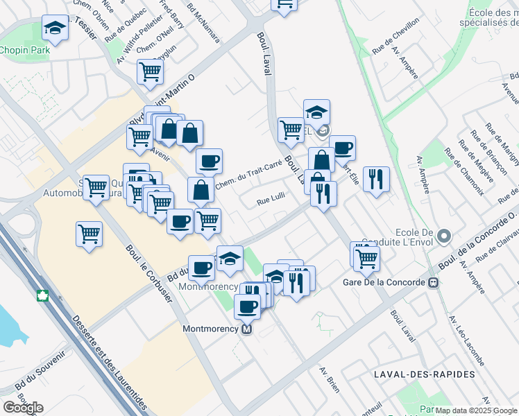 map of restaurants, bars, coffee shops, grocery stores, and more near 386 Rue Lulli in Laval