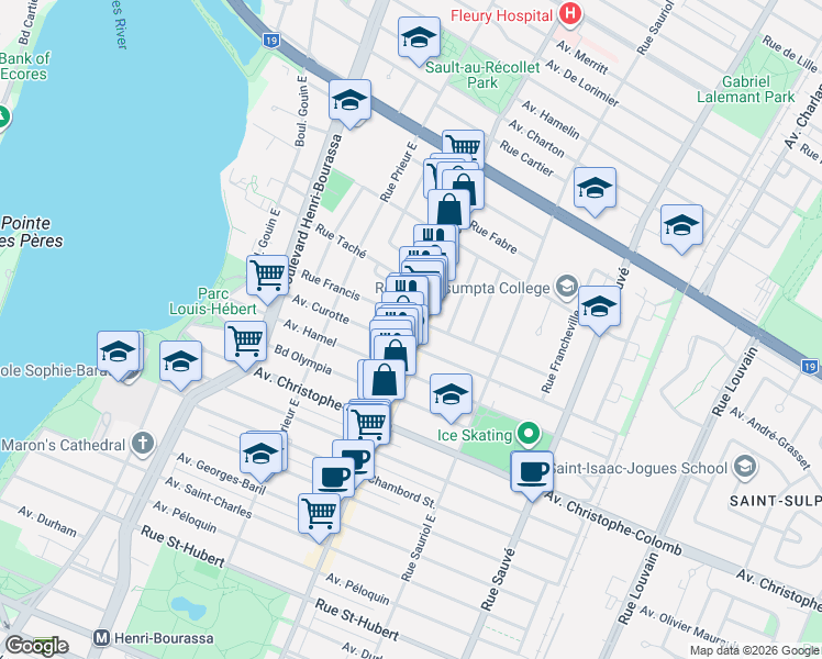 map of restaurants, bars, coffee shops, grocery stores, and more near 1587 Rue Fleury Est in Montréal