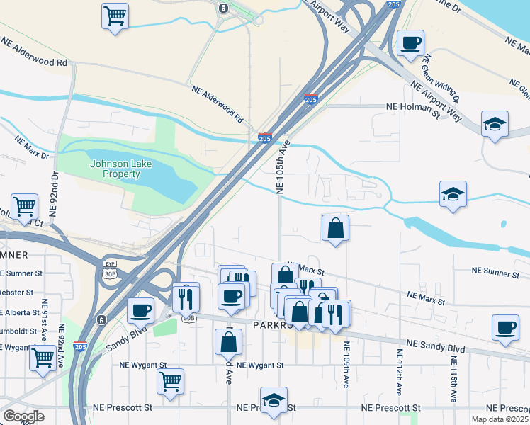 map of restaurants, bars, coffee shops, grocery stores, and more near 5701 Northeast 105th Avenue in Portland