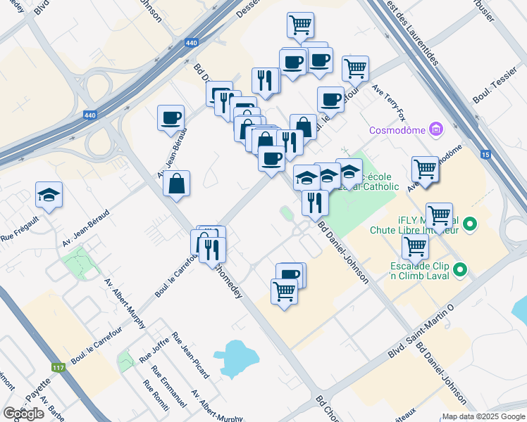 map of restaurants, bars, coffee shops, grocery stores, and more near 3330 Boulevard le Carrefour in Laval