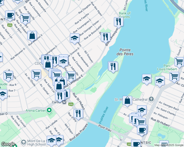 map of restaurants, bars, coffee shops, grocery stores, and more near 125 Boulevard Lévesque Est in Laval