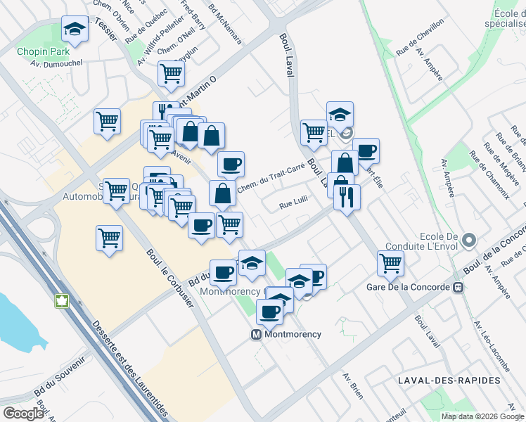 map of restaurants, bars, coffee shops, grocery stores, and more near 370 Rue Lulli in Laval