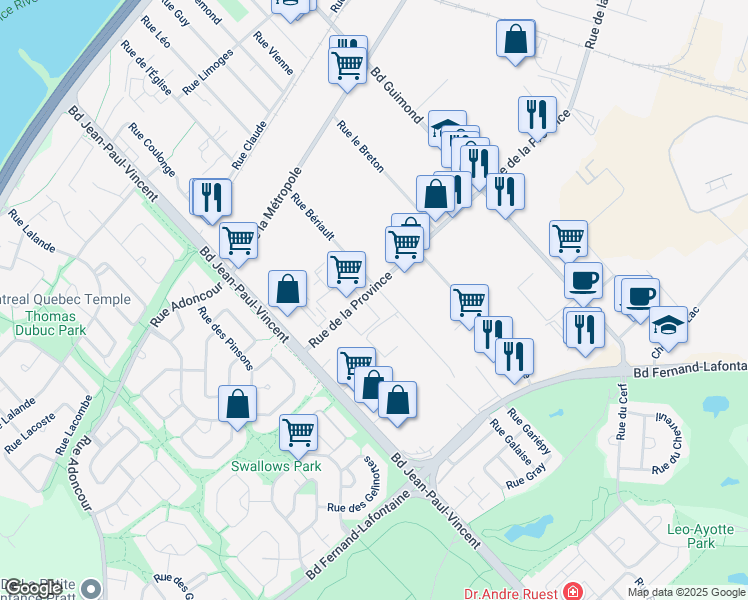 map of restaurants, bars, coffee shops, grocery stores, and more near 2120 Rue de la Province in Longueuil