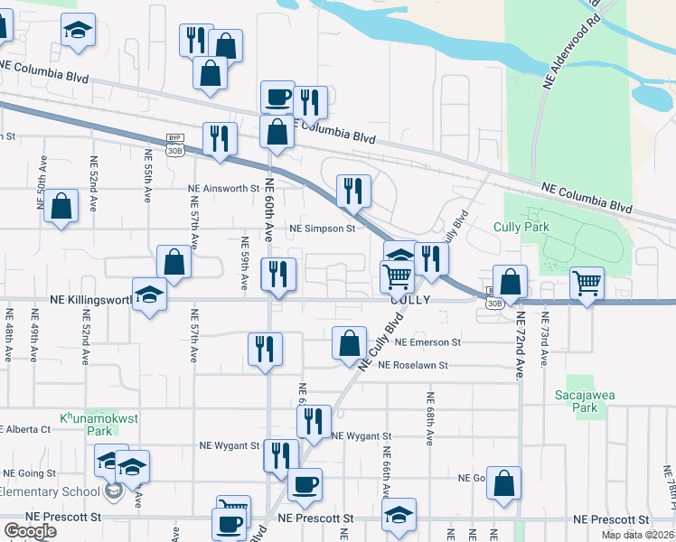 map of restaurants, bars, coffee shops, grocery stores, and more near 610 G Lane in Portland