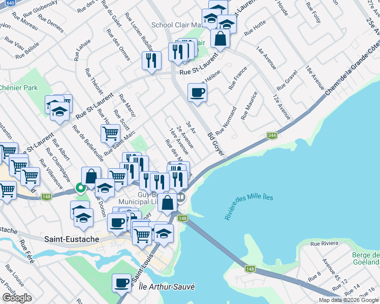 map of restaurants, bars, coffee shops, grocery stores, and more near 115 1ère Avenue in Saint-Eustache