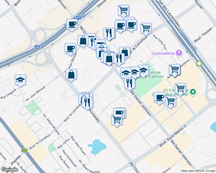map of restaurants, bars, coffee shops, grocery stores, and more near 3330 Boulevard le Carrefour in Laval