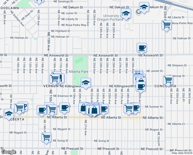 map of restaurants, bars, coffee shops, grocery stores, and more near 5711 Northeast 24th Avenue in Portland