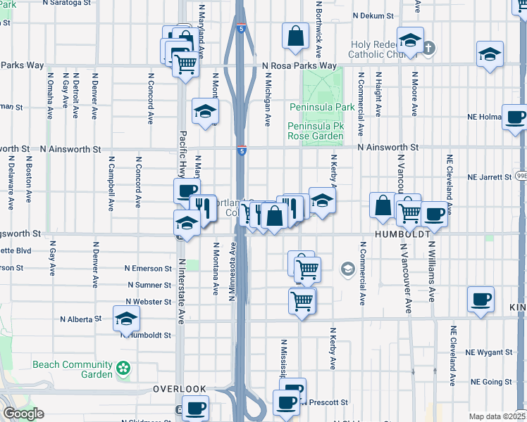 map of restaurants, bars, coffee shops, grocery stores, and more near 1014 North Jessup Street in Portland