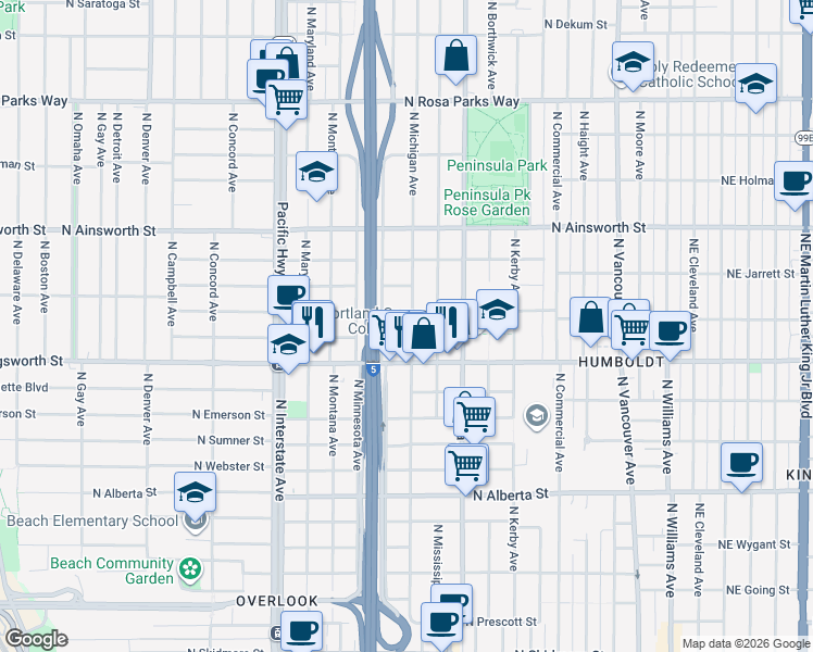 map of restaurants, bars, coffee shops, grocery stores, and more near 1014 North Jessup Street in Portland