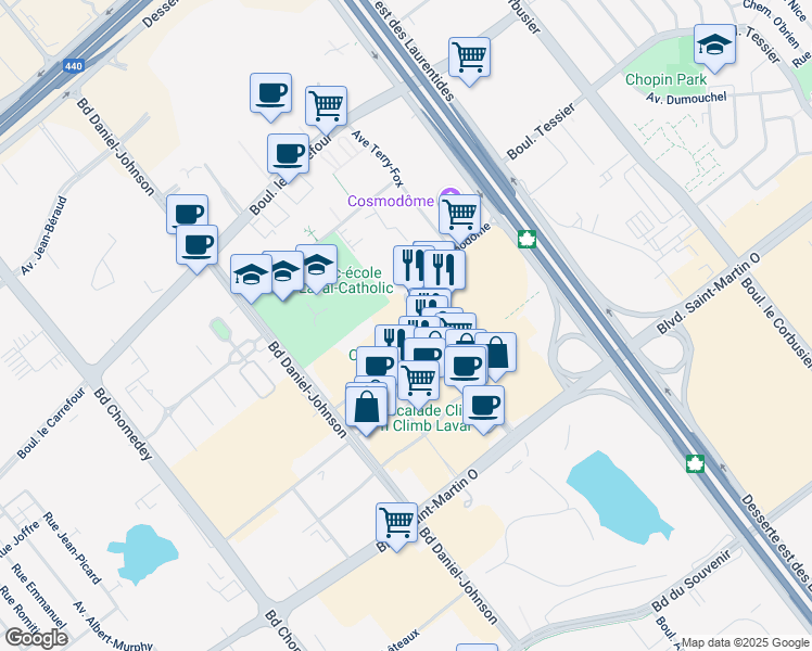 map of restaurants, bars, coffee shops, grocery stores, and more near 2990 Avenue Pierre-Péladeau in Laval