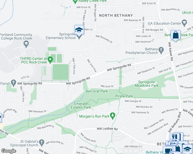 map of restaurants, bars, coffee shops, grocery stores, and more near 6153 Northwest 165th Terrace in Portland