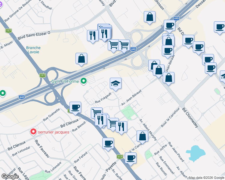 map of restaurants, bars, coffee shops, grocery stores, and more near 2628 Rue Frégault in Laval