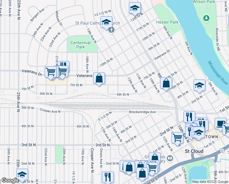 map of restaurants, bars, coffee shops, grocery stores, and more near 1505 6th Street North in St. Cloud