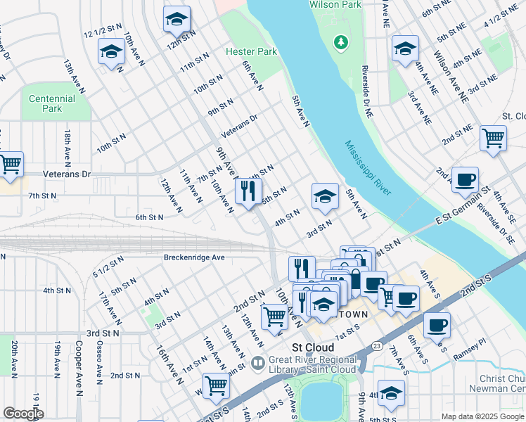 map of restaurants, bars, coffee shops, grocery stores, and more near 422 9th Avenue North in Saint Cloud