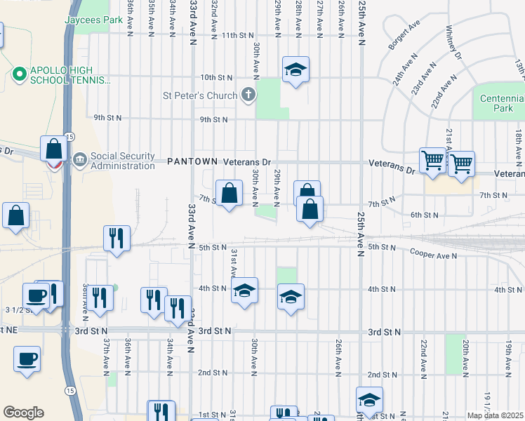 map of restaurants, bars, coffee shops, grocery stores, and more near 2902 7th Street North in St. Cloud