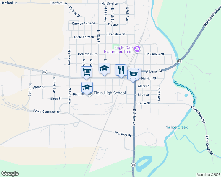 map of restaurants, bars, coffee shops, grocery stores, and more near 1100 Alder Street in Elgin