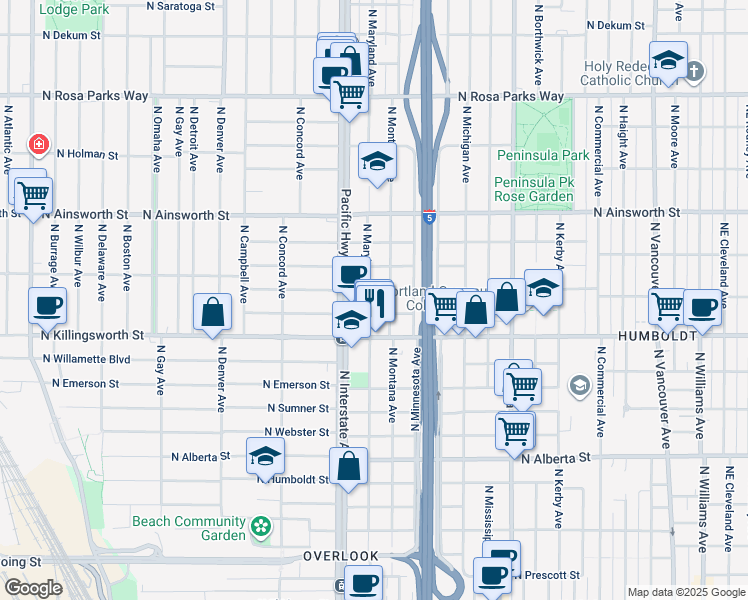 map of restaurants, bars, coffee shops, grocery stores, and more near 5633 North Montana Avenue in Portland