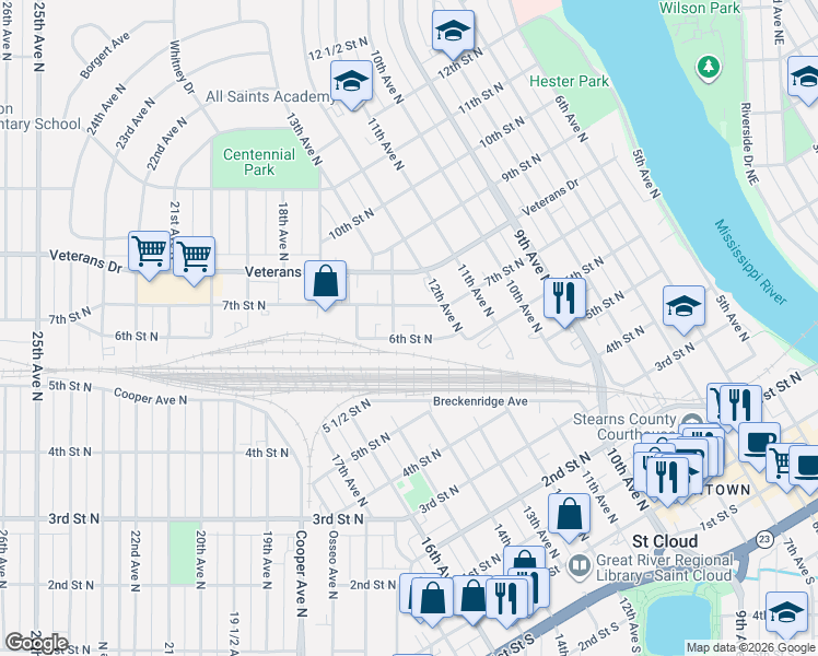 map of restaurants, bars, coffee shops, grocery stores, and more near 1408 7th Street North in St. Cloud