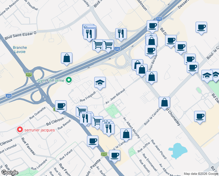 map of restaurants, bars, coffee shops, grocery stores, and more near 3715 Avenue Jean-Béraud in Laval