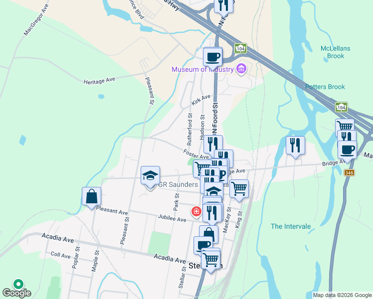 map of restaurants, bars, coffee shops, grocery stores, and more near 180 Rutherford Street in Stellarton