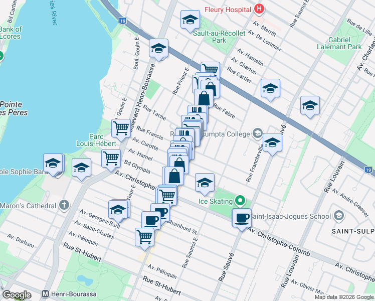 map of restaurants, bars, coffee shops, grocery stores, and more near 1599 Rue Fleury Est in Montréal