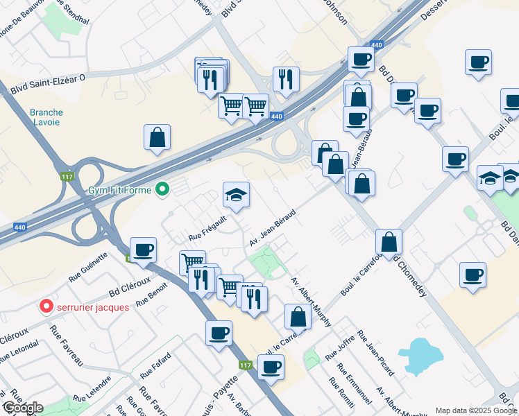 map of restaurants, bars, coffee shops, grocery stores, and more near 3715 Avenue Jean-Béraud in Laval
