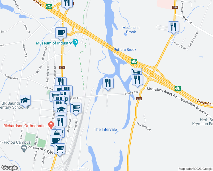 map of restaurants, bars, coffee shops, grocery stores, and more near 20 Twin Rivers Trailer Court Park in Stellarton