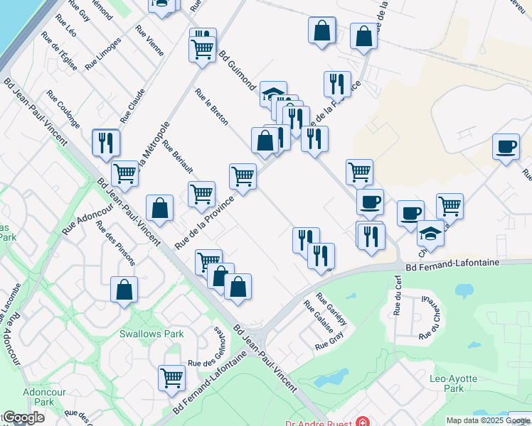 map of restaurants, bars, coffee shops, grocery stores, and more near 730 Rue Delage in Longueuil