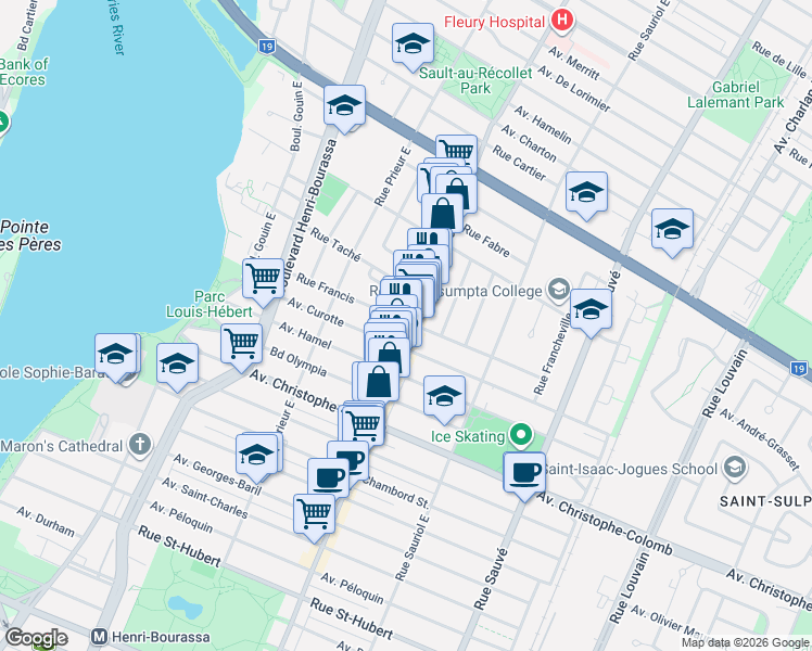 map of restaurants, bars, coffee shops, grocery stores, and more near 1599 Rue Fleury Est in Montréal