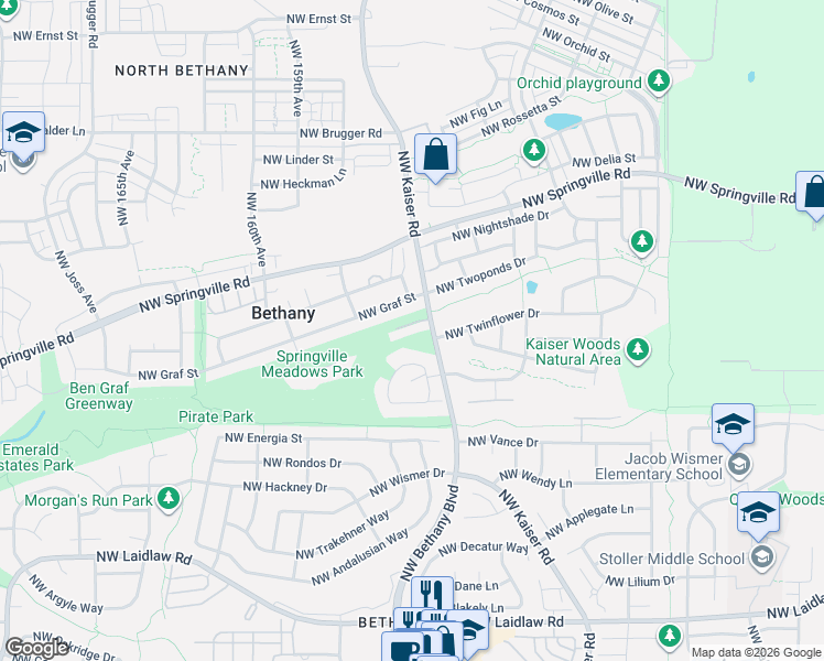 map of restaurants, bars, coffee shops, grocery stores, and more near 15452 Northwest Taennler Court in Portland