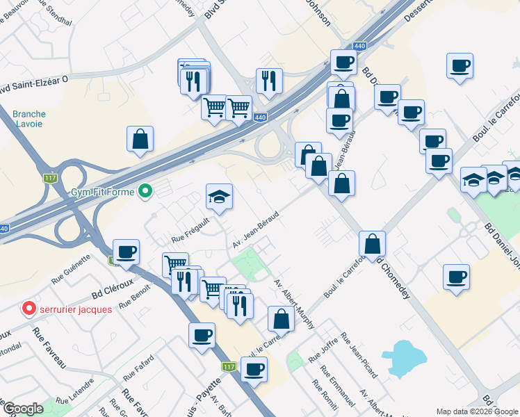 map of restaurants, bars, coffee shops, grocery stores, and more near 3665 Avenue Jean-Béraud in Laval