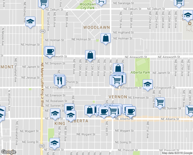 map of restaurants, bars, coffee shops, grocery stores, and more near 5633 Northeast 13th Avenue in Portland