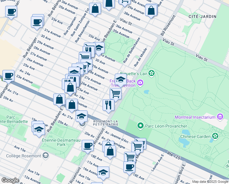 map of restaurants, bars, coffee shops, grocery stores, and more near 6050 27e Avenue in Montréal