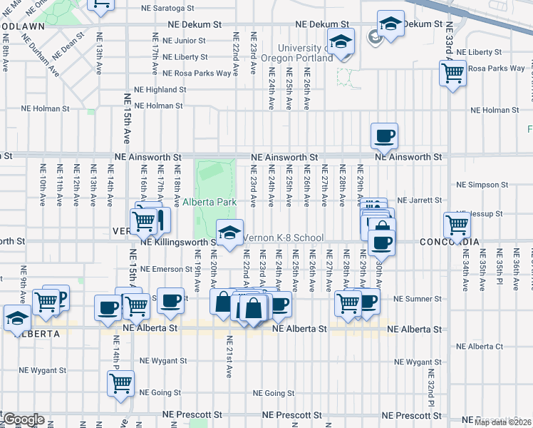 map of restaurants, bars, coffee shops, grocery stores, and more near 5639 Northeast 24th Avenue in Portland